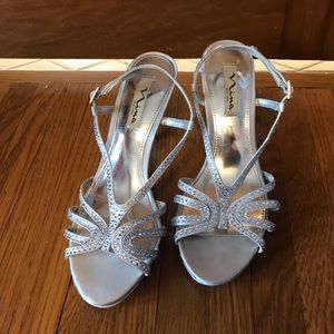 Silver strappy high heels; size 7 1/2 (US)